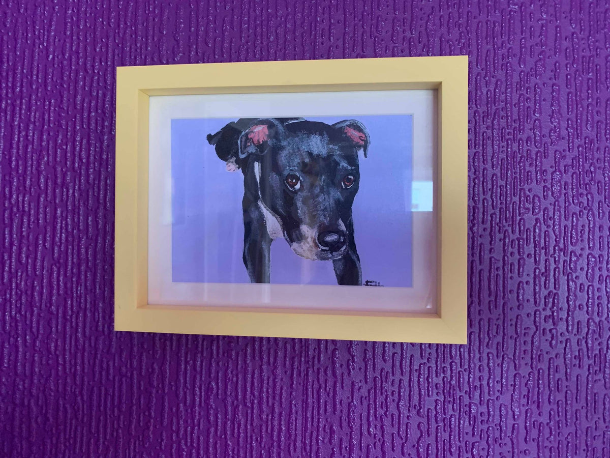 A framed commission painting of a black and white pet dog.