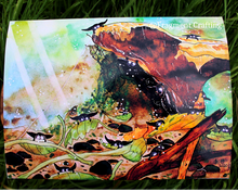 Load image into Gallery viewer, A print of a watercolour painting of mushrooms and goblins being showcased on the grass.
