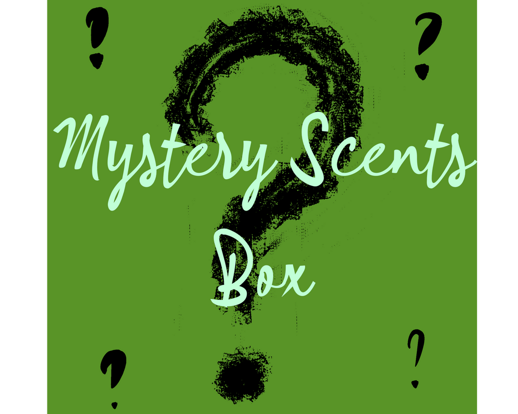 Mystery Scents box image on a green background and black question marks.