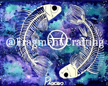 Load image into Gallery viewer, A print copy of a Pisces star sign watercolour painting with a green and purple background and two white fish skeletons.
