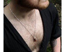 Load image into Gallery viewer, A man wearing a silver necklace with a leaf and small corked bottle of red jasper crystals.
