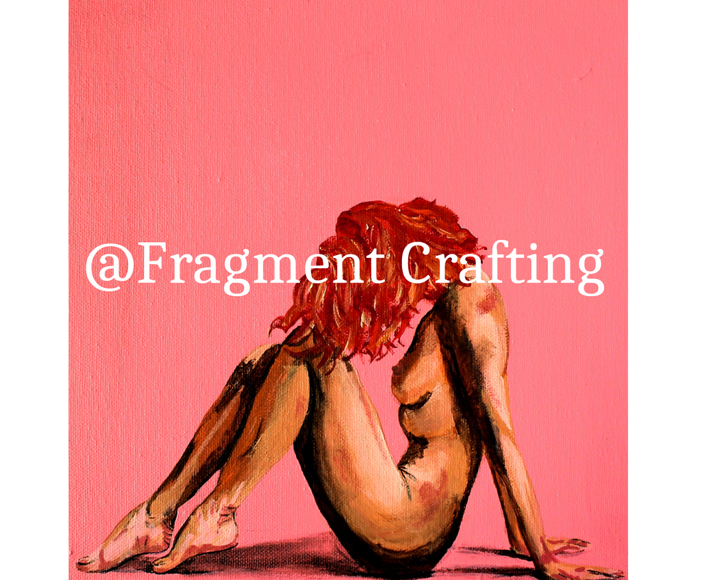 A print copy of an acrylic piece of artwork with a pink background and a nude woman sitting sideways.