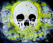 Load image into Gallery viewer, A print copy of a Virgo star sign watercolour painting with a black, grey and yellow background and white broken skull.
